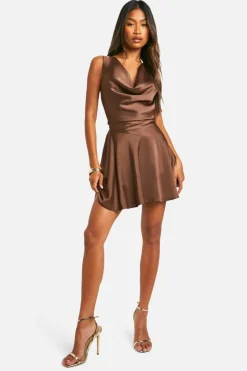 Skater Dresses|Mini Dresses*boohoo Satin Dropped Waist Mini Dress chocolate