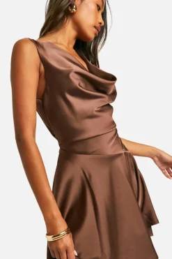 Skater Dresses|Mini Dresses*boohoo Satin Dropped Waist Mini Dress chocolate