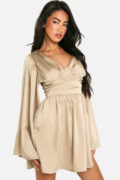 Skater Dresses*boohoo Satin Extreme Flare Sleeve Skater Dress champagne