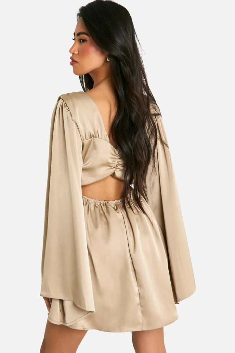 Skater Dresses*boohoo Satin Extreme Flare Sleeve Skater Dress champagne