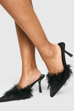 Heels*boohoo Satin Feather Trim Heeled Mules black