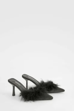 Heels*boohoo Satin Feather Trim Heeled Mules black
