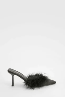 Heels*boohoo Satin Feather Trim Heeled Mules black