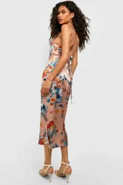 Cami Dresses|Bodycon Dresses*boohoo Satin Floral Cowl Flute Hem Slip Dress gold