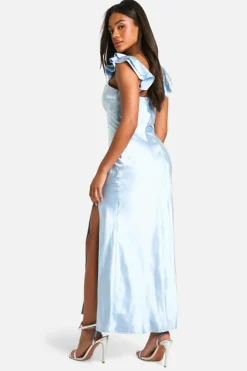 Cami Dresses*boohoo Satin Frill Sleeve Split Maxi Dress blue