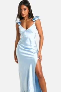 Cami Dresses*boohoo Satin Frill Sleeve Split Maxi Dress blue
