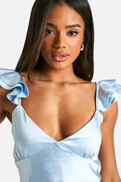 Cami Dresses*boohoo Satin Frill Sleeve Split Maxi Dress blue