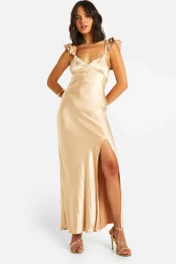 Cami Dresses*boohoo Satin Frill Sleeve Split Maxi Dress champagne
