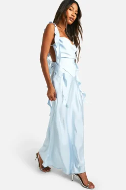 Cami Dresses*boohoo Satin Frill Strap Maxi Dress pale blue