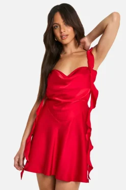 Cami Dresses*boohoo Satin Frill Strap Mini Dress red