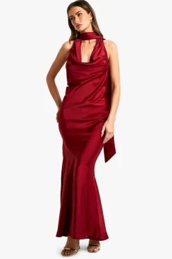 Maxi Dresses|Dresses*boohoo Satin Halterneck Maxi Dress berry