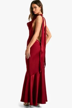 Maxi Dresses|Dresses*boohoo Satin Halterneck Maxi Dress berry
