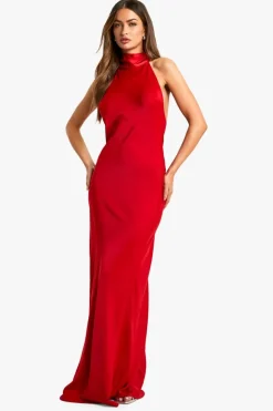 Maxi Dresses*boohoo Satin Halterneck Maxi Dress red