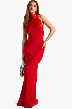 Maxi Dresses*boohoo Satin Halterneck Maxi Dress red