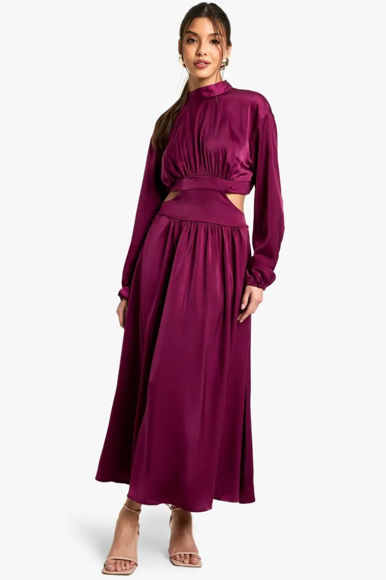 Smock Dresses|Long Sleeve Dresses*boohoo Satin High Neck Midaxi Dress plum