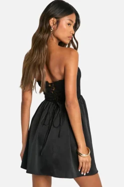 Smock Dresses*boohoo Satin Lace Babydoll Mini Dress black