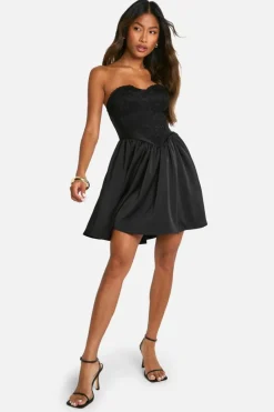 Smock Dresses*boohoo Satin Lace Babydoll Mini Dress black
