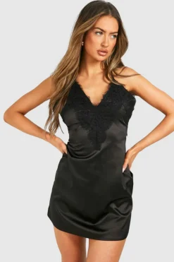 Cami Dresses*boohoo Satin Lace Cami Mini Dress black
