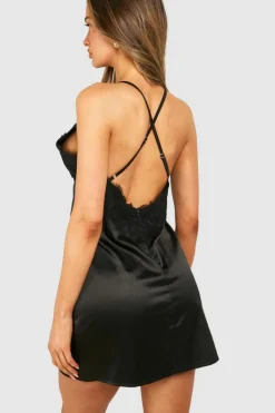 Cami Dresses*boohoo Satin Lace Cami Mini Dress black