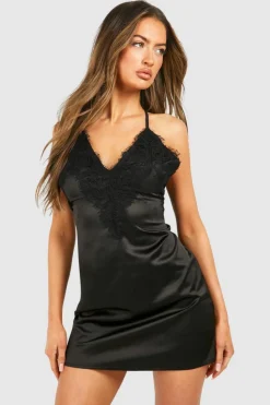 Cami Dresses*boohoo Satin Lace Cami Mini Dress black