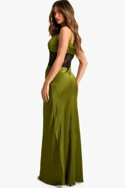 Cami Dresses*boohoo Satin Lace Column Maxi Dress green
