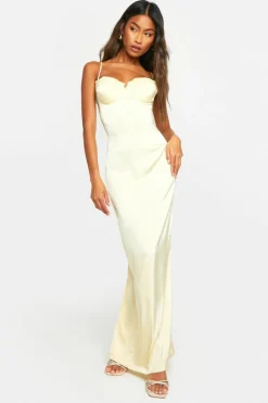 Cami Dresses*boohoo Satin Lace Cup Maxi Dress lemon