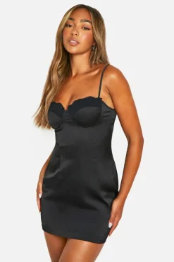 Cami Dresses*boohoo Satin Lace Cup Mini Dress black
