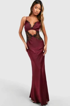 Cami Dresses*boohoo Satin Lace Detail Maxi Slip Dress cherry