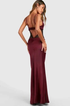 Cami Dresses*boohoo Satin Lace Detail Maxi Slip Dress cherry