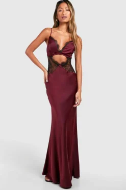 Cami Dresses*boohoo Satin Lace Detail Maxi Slip Dress cherry