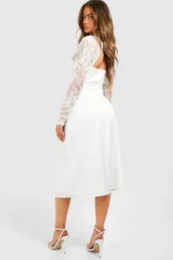 Midi Dresses*boohoo Satin Lace Sleeve Midi Dress ivory