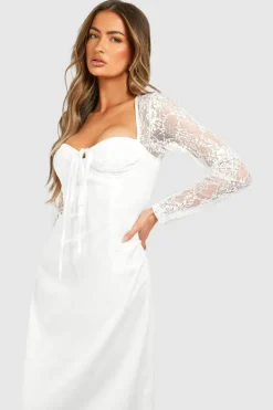 Midi Dresses*boohoo Satin Lace Sleeve Midi Dress ivory