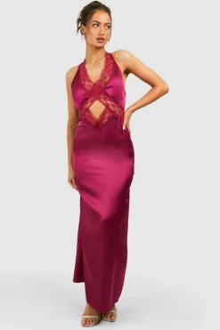 Cami Dresses*boohoo Satin Lace Trim Cut Out Maxi Slip Dress pink