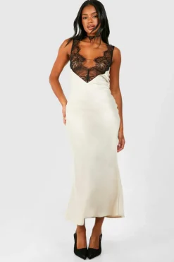 Cami Dresses|Midi Dresses*boohoo Satin Lace Trim Midi Slip Dress champagne