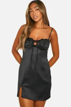 Cami Dresses*boohoo Satin Lace Trim Mini Dress black