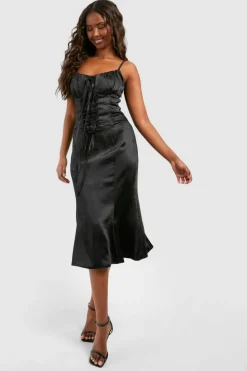 Midi Dresses*boohoo Satin Lace Up Corset Midi Dress black