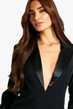 Blazer Dresses*boohoo Satin Lapel Long Sleeve Tailored Blazer Dress black
