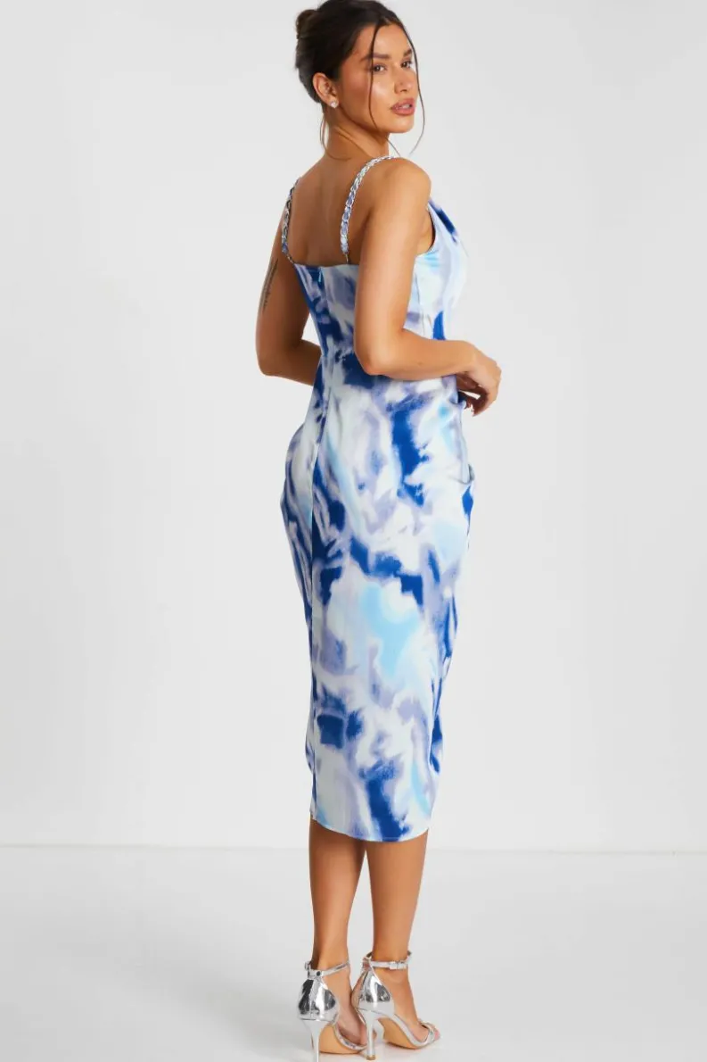 Midi Dresses*Quiz Satin Marble Print Ruched Midi Dress Blue