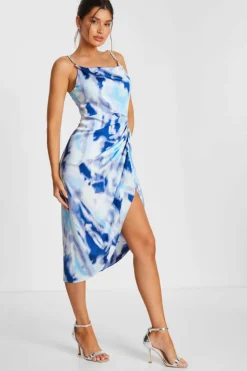 Midi Dresses*Quiz Satin Marble Print Ruched Midi Dress Blue