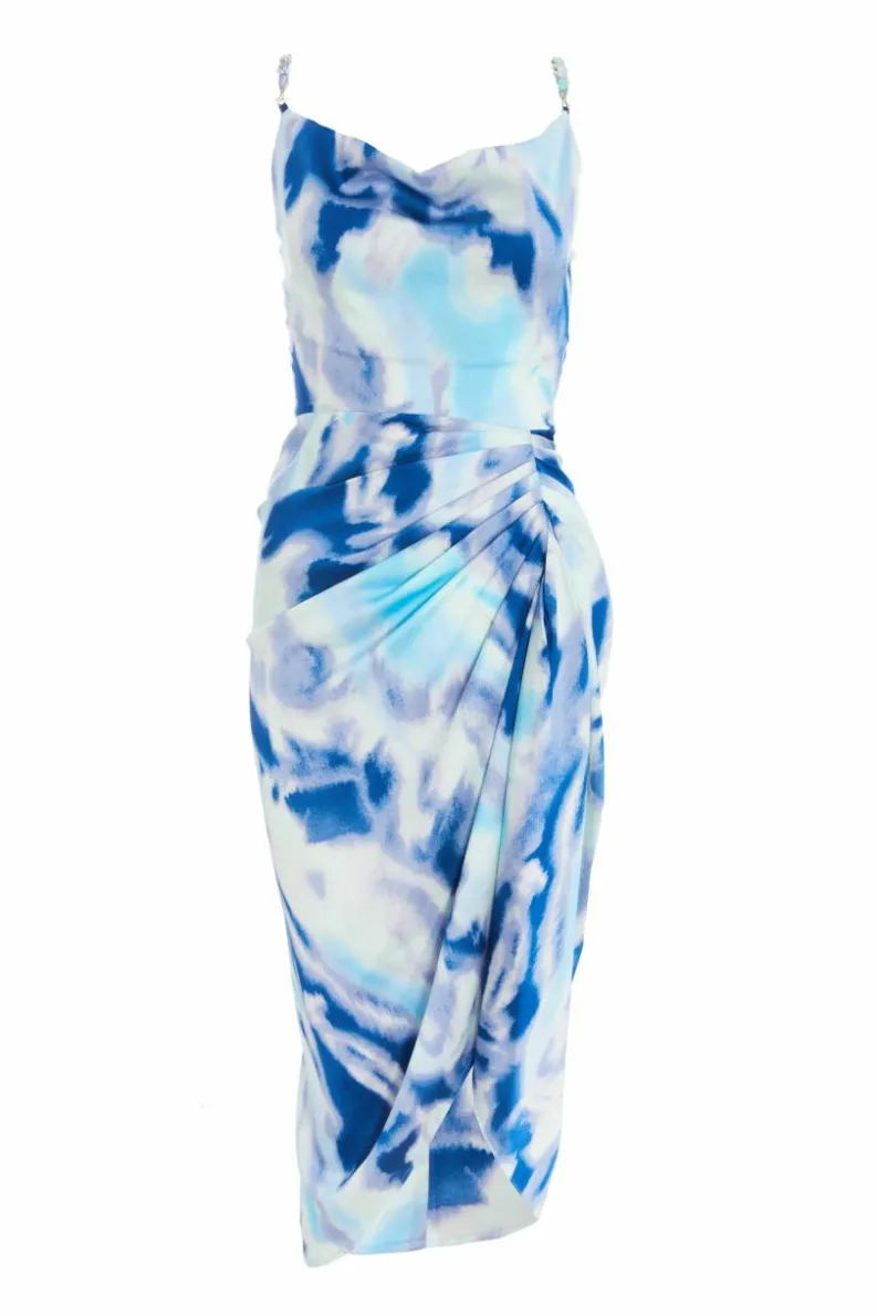 Midi Dresses*Quiz Satin Marble Print Ruched Midi Dress Blue
