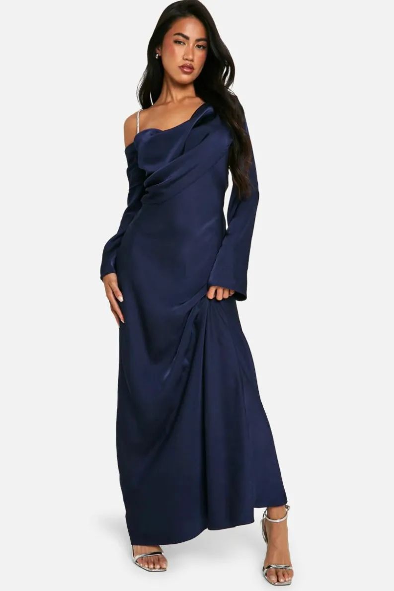 Maxi Dresses*boohoo Satin Maxi Asymmetric Dress navy