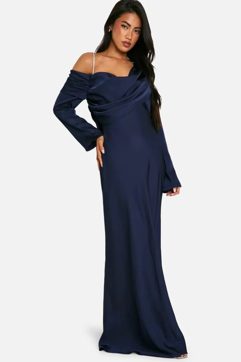 Maxi Dresses*boohoo Satin Maxi Asymmetric Dress navy