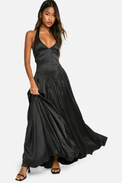 Skater Dresses|Maxi Dresses*boohoo Satin Milkmaid Halterneck Maxi Dress black
