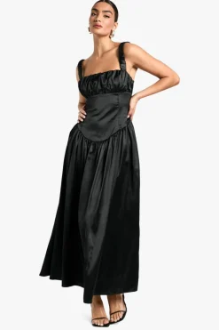 Skater Dresses*boohoo Satin Milkmaid Midaxi Dress black