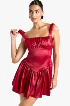 Skater Dresses*boohoo Satin Milkmaid Mini Dress red