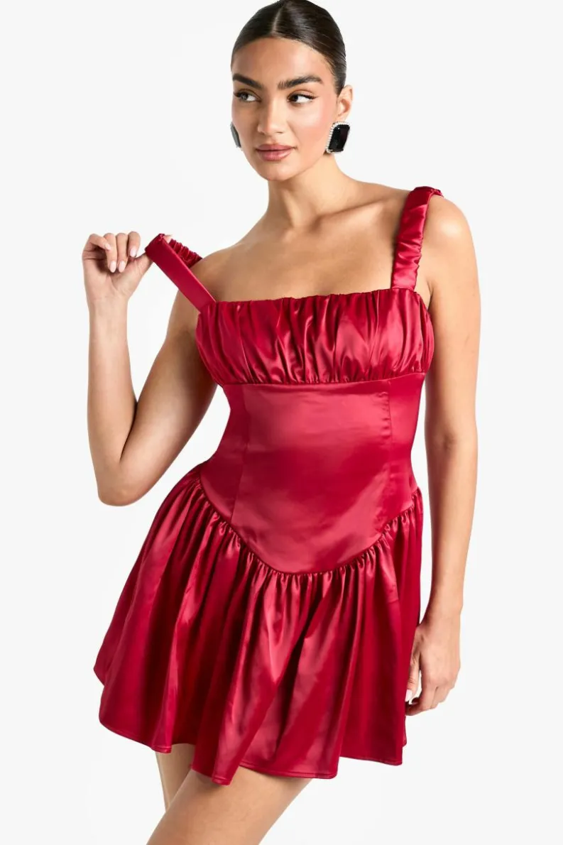 Skater Dresses*boohoo Satin Milkmaid Mini Dress red
