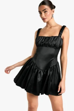 Skater Dresses*boohoo Satin Milkmaid Mini Dress black