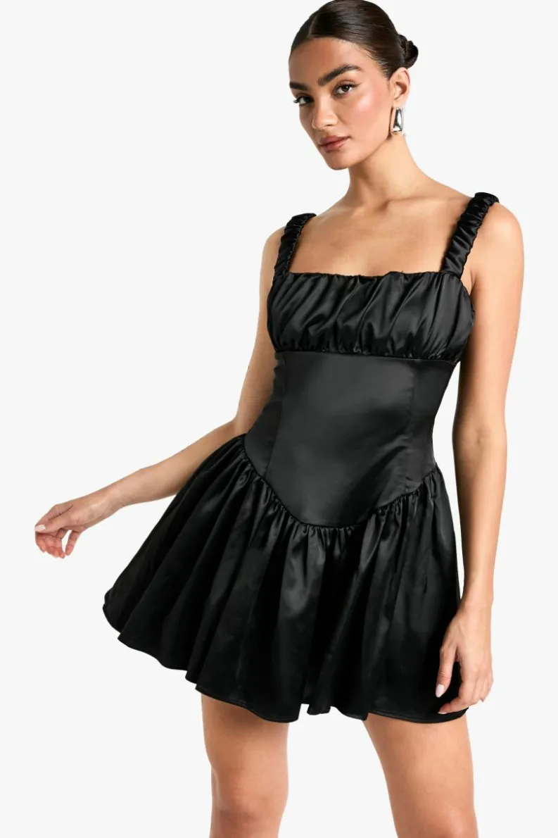 Skater Dresses*boohoo Satin Milkmaid Mini Dress black