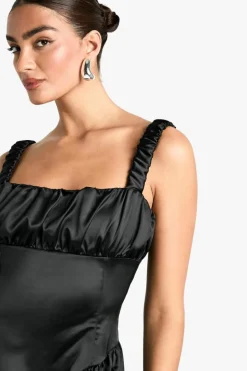 Skater Dresses*boohoo Satin Milkmaid Mini Dress black
