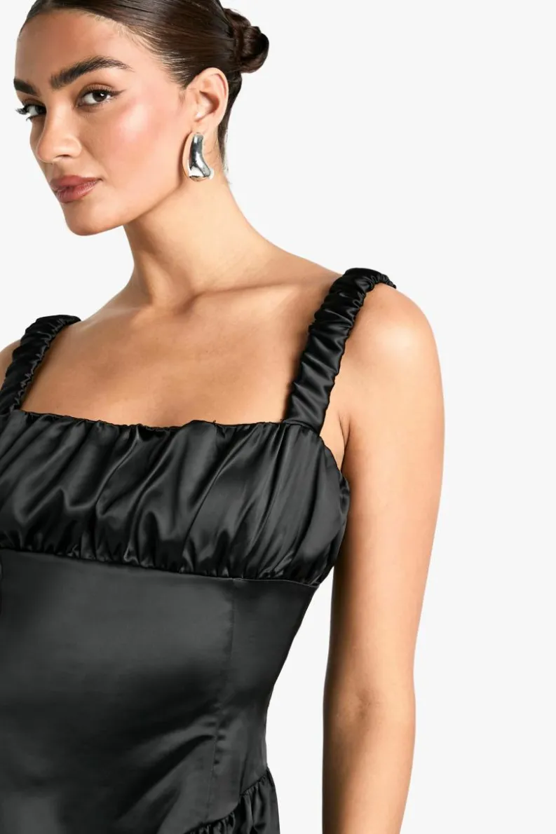 Skater Dresses*boohoo Satin Milkmaid Mini Dress black